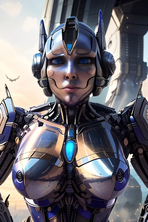 La imagen es una pintura digital de una robot femenina. Tiene piel plateada y ojos azules. Lleva un traje de cuerpo plateado y azul con un gran cristal azul en el pecho. También tiene un par de alas plateadas en la cabeza. El fondo es un paisaje urbano futurista con altos edificios y coches voladores.