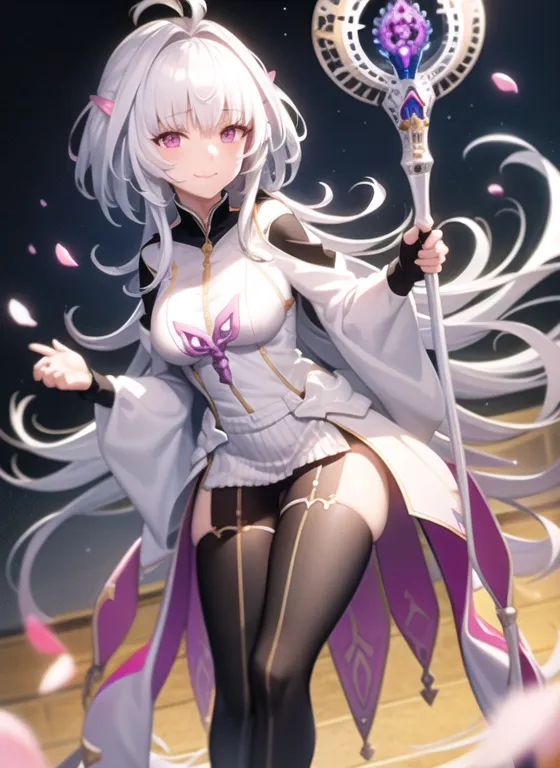 The image is of a young woman with long white hair and purple eyes. She is wearing a white and purple dress with a thigh-high slit, and she is holding a staff in her right hand. She is standing in a dark room with a starry night sky in the background.