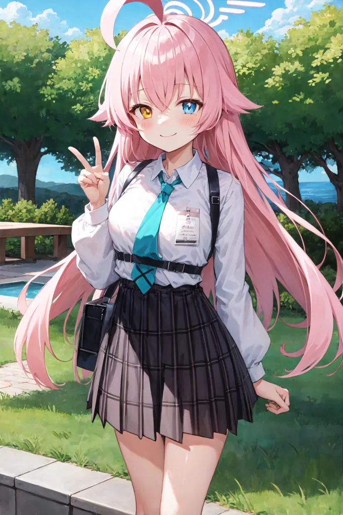 The image is of a young woman with pink hair and yellow and blue eyes. She is wearing a white shirt, a gray skirt, and a blue tie. She is also wearing a black bag over her shoulder. She is standing in a park, and there are trees and a lake in the background. She is smiling and has her hand in a peace sign.