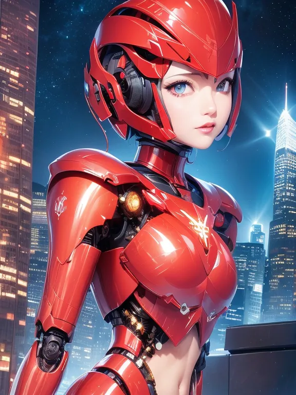 Ceci est une image d'un robot féminin. Elle porte une armure de couleur rouge et grise. L'armure est très détaillée, avec des lumières et des fils. Le robot a également un casque rouge avec une visière transparente. Le robot se tient debout dans une ville la nuit. Il y a de grands bâtiments en arrière-plan et un ciel étoilé au-dessus. Le robot regarde le spectateur avec ses yeux bleus.