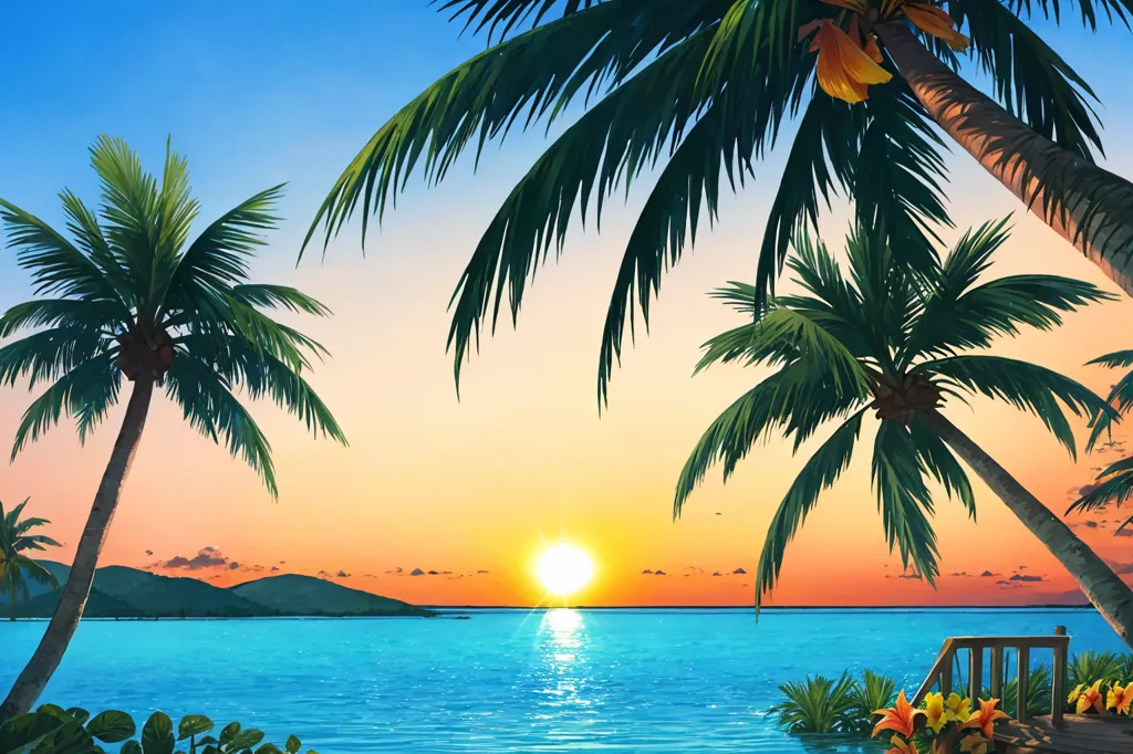 This is a beautiful landscape painting of a tropical beach at sunset. The warm colors of the sky and the palm trees give the painting a relaxing and inviting feel. The painting is done in a realistic style, and the artist has paid close attention to the details of the scene. The water is a deep blue color, and the waves are gently crashing against the shore. The palm trees are tall and green, and their leaves are blowing in the wind. The sky is a gradient of orange and yellow, and the sun is setting over the horizon. There is a wooden dock on the right side of the painting, and there are some tropical plants growing on the shore. The painting is a perfect way to escape from the hustle and bustle of everyday life and relax in the beauty of nature.