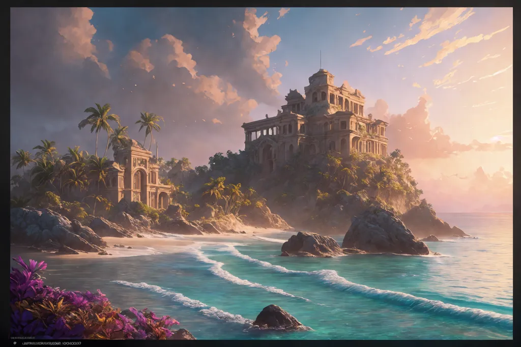 The image is a beautiful landscape of a tropical island. The island is covered in lush green vegetation and there is a large white mansion on the top of a hill. The mansion is in ruins, but it is still an impressive sight. The beach is covered in white sand and the water is crystal clear. There are a few palm trees on the beach and some rocks in the water. The sky is a gradient of orange and yellow and the sun is setting. The image is very peaceful and relaxing.