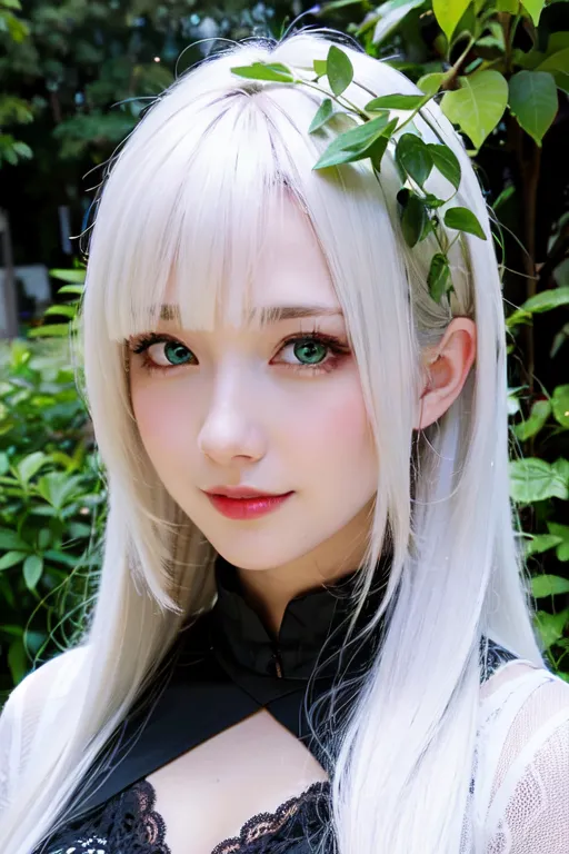 The picture shows a young woman with long white hair and green eyes. She is wearing a black and white dress with a lace collar. There are green leaves in her hair. The background is blurred, but it looks like there are trees in the background. The woman is looking at the camera with a slight smile on her face.