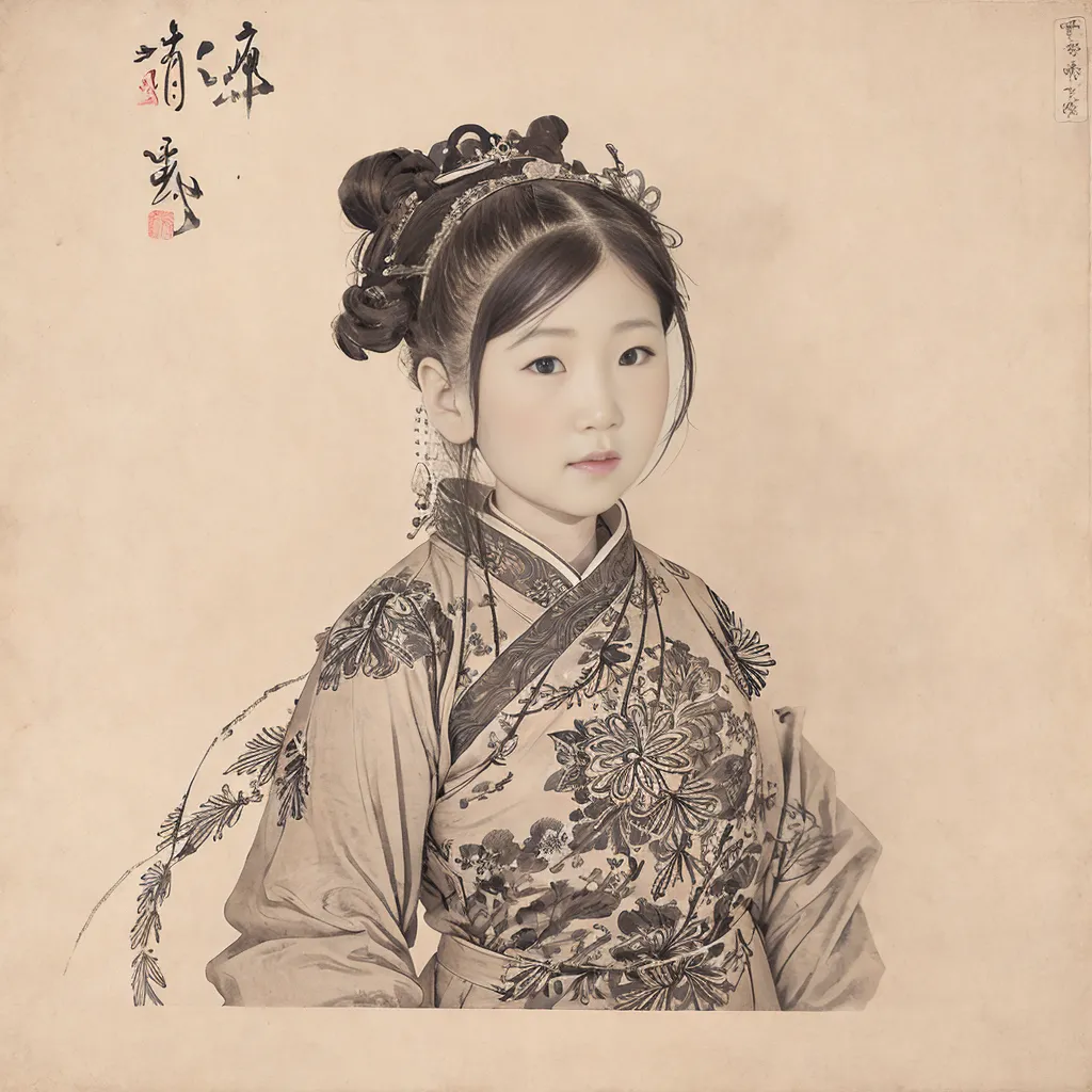 This image is a painting of a young girl in a traditional Chinese dress. She is wearing a pink and white robe with a floral pattern. The robe has a high collar and is trimmed with fur. The girl's hair is pulled back into a bun and she is wearing a traditional Chinese headdress. She has a serene expression on her face. The painting is done in a realistic style and the artist has used muted colors. The girl is standing in front of a plain background.