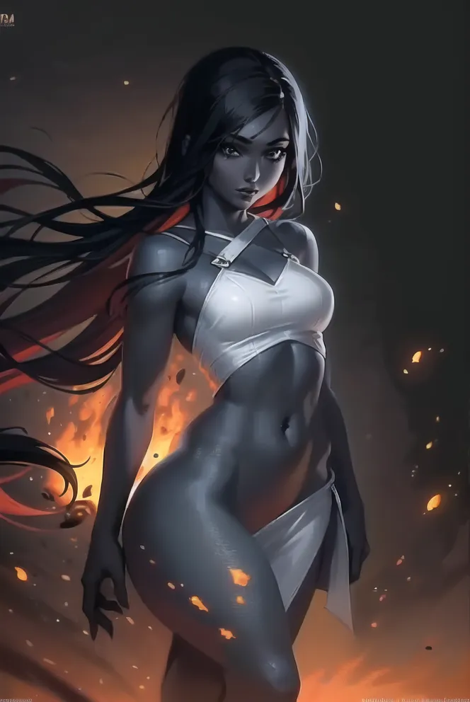 This is an image of a woman with long black hair and dark skin. She is wearing a white bikini top and a white loincloth. She is standing in front of a dark background with fire on either side of her. The woman has a serious expression on her face. She is looking at the viewer with her right hand on her hip and her left hand hanging by her side.