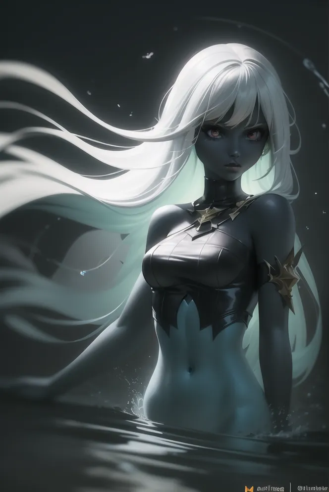 This is an image of a dark-skinned woman with long white hair and red eyes. She is wearing a black bikini top with a metal breastplate. She is standing in water up to her waist. The water is dark and murky. There is a small amount of light coming from the top left of the image. It is unclear where the light is coming from. The woman's expression is serious and determined. She is looking at the viewer with her head tilted slightly to the right. Her hair is flowing around her head and body in a graceful manner. The image is very detailed and realistic. The artist has used a variety of techniques to create a sense of depth and realism. The image is both beautiful and mysterious. It is clear that the artist has put a lot of thought and effort into its creation.