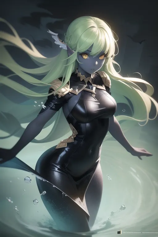 The image is of a dark-skinned elf woman with long, green hair and yellow eyes. She is wearing a black bodysuit with gold trim and has a sword strapped to her hip. She is standing in a pool of water, and her body is wet. She is looking at the viewer with a serious expression.