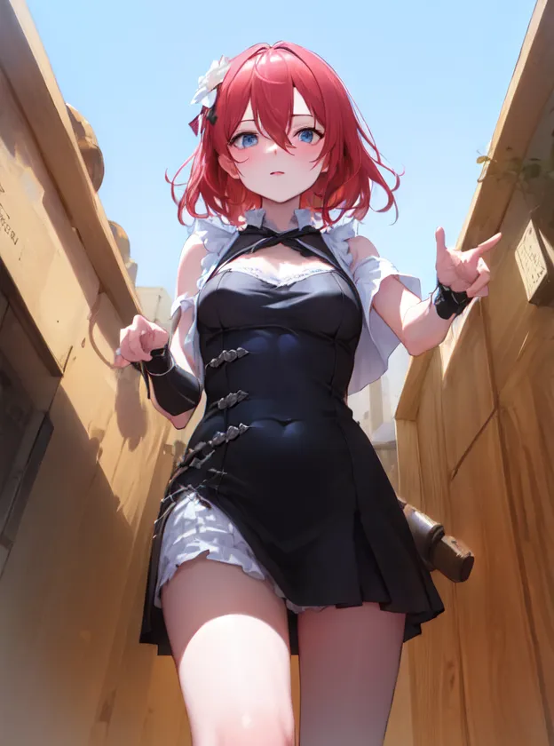 The image shows a young woman with bright red hair and red eyes wearing a black cheongsam-style dress with a white collar and white trim. She has a white apron tied around her waist. She is standing in a narrow alleyway, with her left hand pointing upwards and her right hand pointing downwards. She has a serious expression on her face.