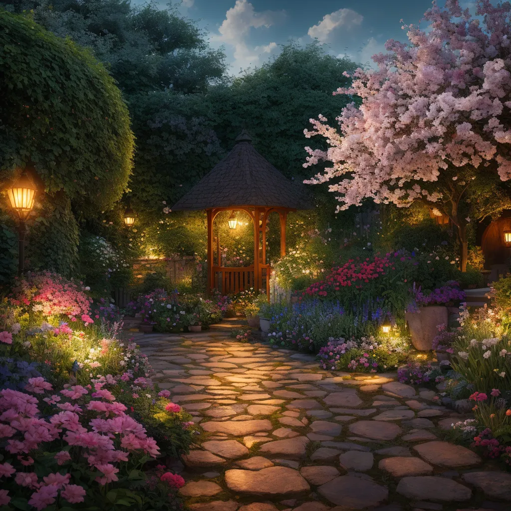 A imagem é um belo jardim com um caminho de pedra que leva a um gazebo. O jardim está cheio de flores de diferentes cores, incluindo rosa, roxo e branco. Há também várias árvores no jardim, incluindo uma cerejeira. O gazebo é feito de madeira e tem um telhado de colmo. Há uma lanterna pendurada no gazebo. O jardim é iluminado por várias lanternas. O céu está escuro e há estrelas à vista.