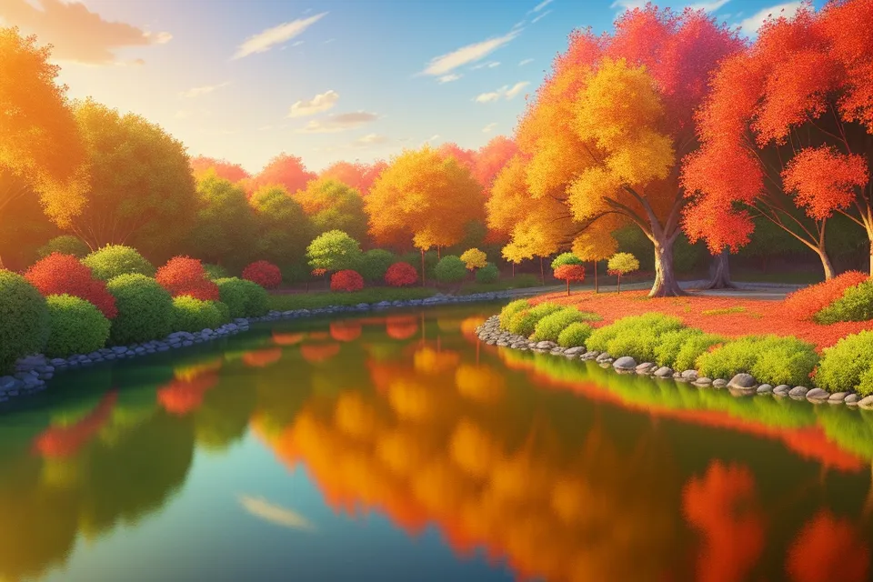 L'image montre un beau parc d'automne. Les arbres sont en plein feuillage et les feuilles sont de diverses couleurs, du rouge à l'orange en passant par le jaune. Il y a un étang au premier plan de l'image, et les arbres se reflètent dans l'eau. Le ciel est bleu et il y a quelques nuages à l'horizon. Le parc est paisible et serein, et c'est un endroit parfait pour se détendre et profiter de la beauté de la nature.