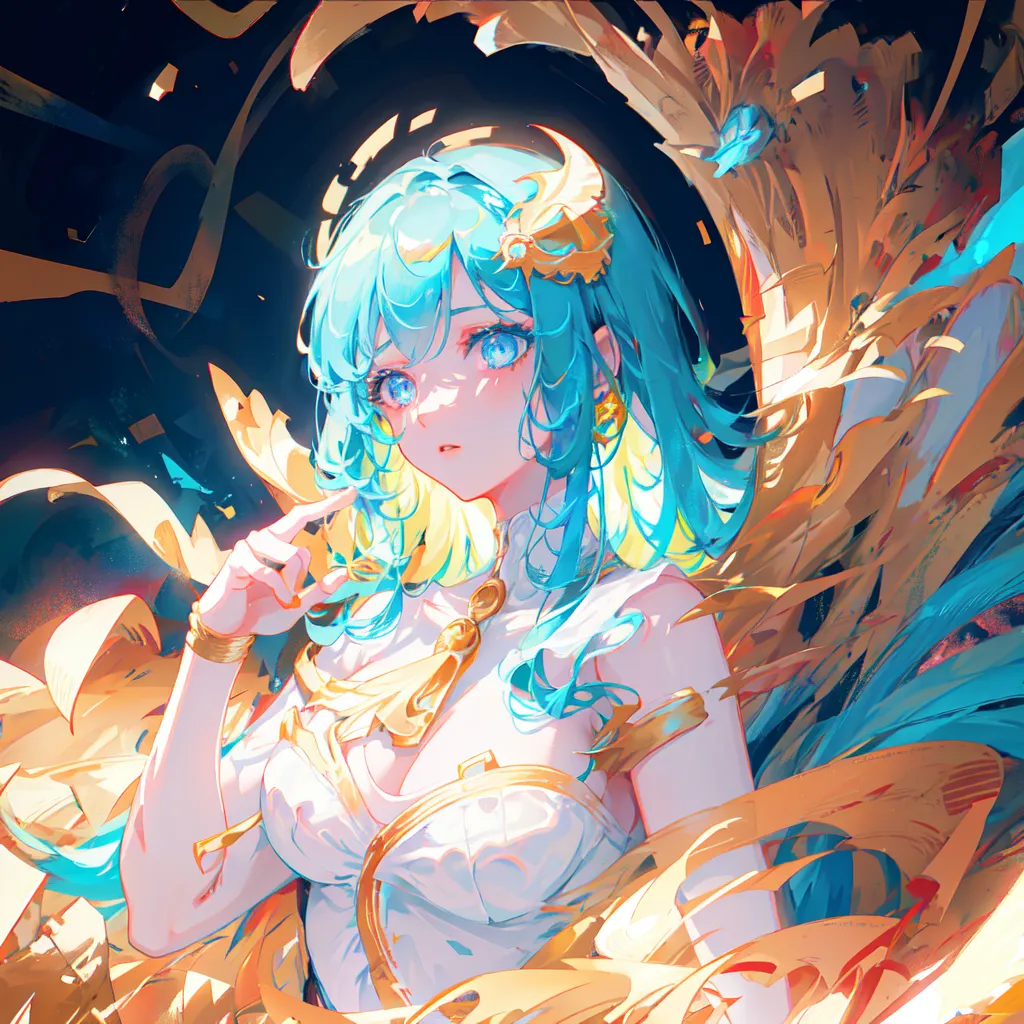 The image is of an anime-style girl with long, blue hair and blue eyes. She is wearing a white dress with a gold and blue necklace and has a gold and blue headdress. She is standing in front of a dark background with a golden glow around her. There are also some gold and blue ribbons or feathers floating around her. She is looking at the viewer with a slightly sad expression on her face.