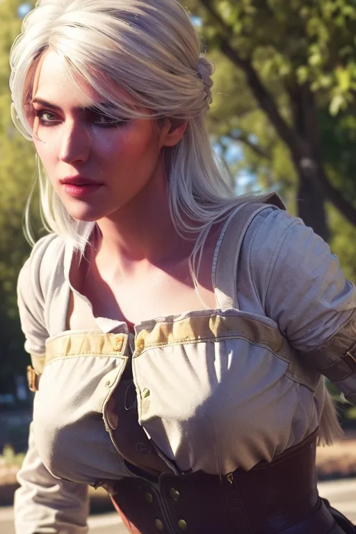 The image is a portrait of a young woman with long white hair. She is wearing a white shirt with a brown corset. The woman has a serious expression on her face. She is standing in a forest, with trees in the background.