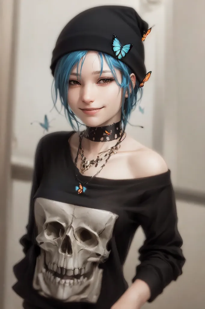 La imagen muestra a una mujer joven con el cabello azul y un gorro negro con mariposas. Lleva una camiseta negra con un cráneo y un collar con una mariposa. Tiene una pequeña sonrisa en su rostro. Hay mariposas a su alrededor.