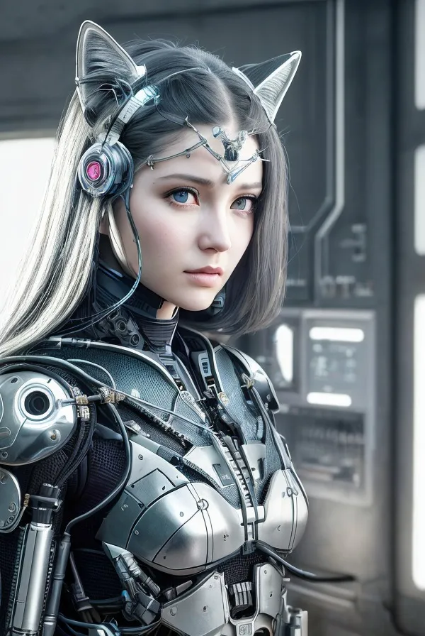 The image is of a young woman with cat ears and blue eyes. She is wearing a black and silver bodysuit with a silver metal breastplate and shoulder pads. She also has a silver metal headband with cat ears and a pair of headphones. She is standing in a futuristic setting and there are several machines and electronic devices in the background.