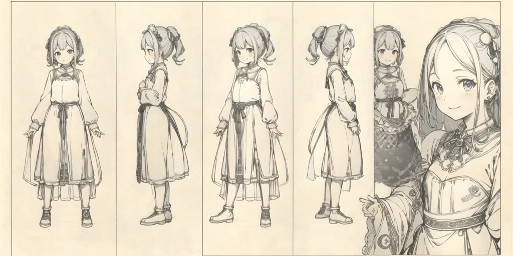 The image shows a character sheet of a young girl. She has long, twin ponytails and blue eyes. She is wearing a white dress with a long skirt and a corset. The dress is decorated with bows and ribbons. She is also wearing boots and a hat. The character sheet shows her from different angles, including the front, back, and side.