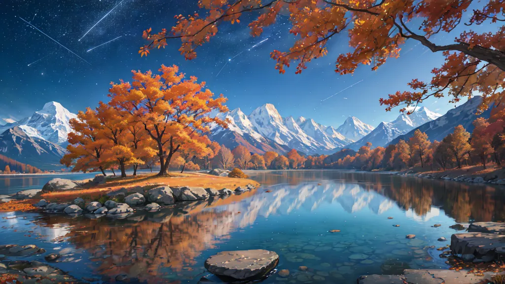 The image is a beautiful landscape painting of a mountain lake in the fall. The sky is a deep blue and is filled with stars. The mountains are covered in snow. The trees are a brilliant orange and yellow. The lake is calm and still. There is a small island in the middle of the lake with two trees on it. There is a large rock in the bottom left hand corner of the foreground. The overall effect of the painting is one of peace and tranquility.