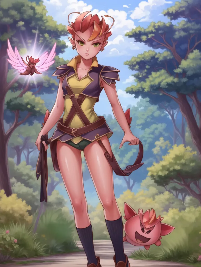 The image is of a young woman with red and orange hair, green eyes, and elf-like ears. She is wearing a yellow and green outfit with a brown belt and brown boots. She is also wearing a pair of green shorts. She has a creature with pink wings and another creature that resembles a pink blob with a face. The background is a forest with green trees and a blue sky.