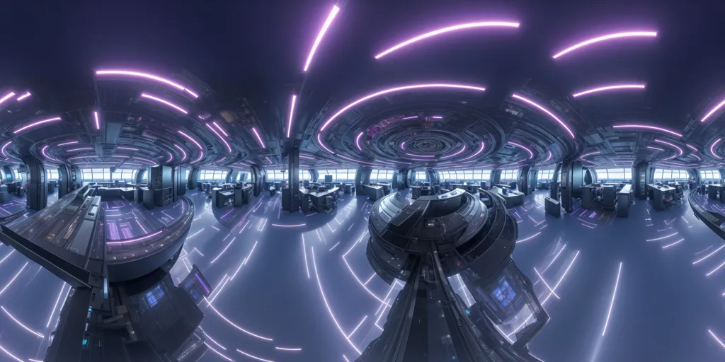 The image is a 360-degree panorama of a futuristic control room. The room is large and circular, with a high ceiling. It is filled with computers and other electronic equipment. There are several people working in the room, all of whom are wearing lab coats. The room is lit by bright, neon-colored lights.