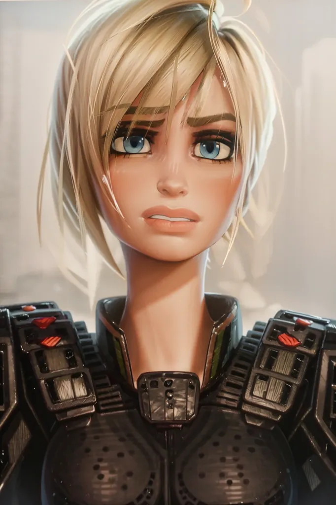 The image is a digital painting of a young woman. She has blonde hair that is pulled back in a ponytail, and her eyes are blue. She is wearing a black and gray suit of armor, and she has a concerned expression on her face. The background is a blur of light blue and gray.