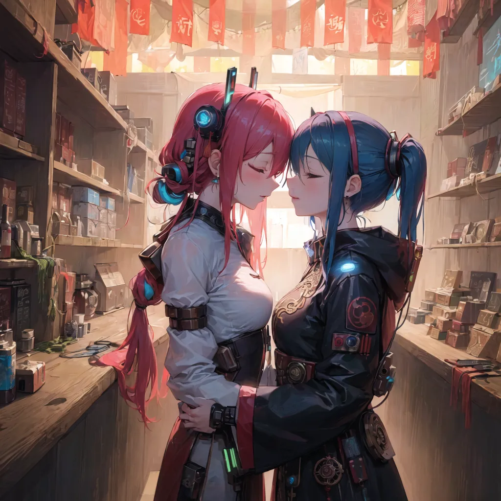 The image depicts two anime-style girls in a room decorated with red banners and Chinese characters. The girl on the left has pink hair and is wearing a white shirt with a red and black jacket. She has a device attached to her head and wires coming out of her back. The girl on the right has blue hair and is wearing a black jacket with a red and white shirt. She has a device attached to her head and wires coming out of her back. They are standing close to each other with their eyes closed.