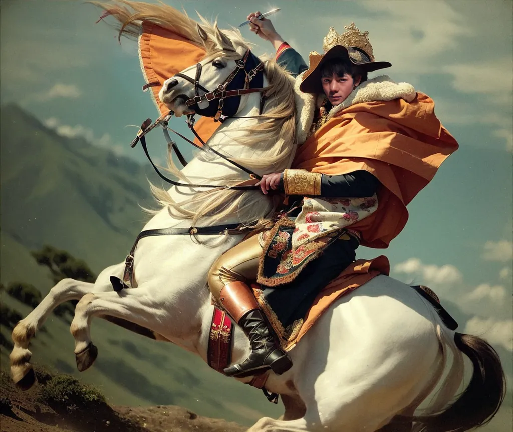 The image shows a man riding a white horse. The man is wearing a blue military coat with gold epaulettes and a fur-lined cape. He is also wearing a bicorne hat with a gold cockade. The horse is rearing up on its hind legs and the man is holding a sword in his right hand. The background is a mountainous landscape with a blue sky and white clouds.