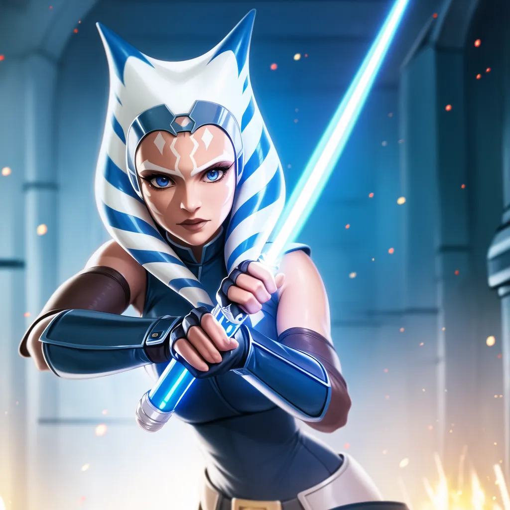 This is Ahsoka Tano from the Star Wars universe. She is a Togruta, a species with montrals (head tails) and lekku (head tentacles). She is a former Jedi Padawan who fought in the Clone Wars. After the Clone Wars, she left the Jedi Order and became a wanderer. She is a skilled fighter and a strong Force user. She is also a good friend and ally to the Jedi.