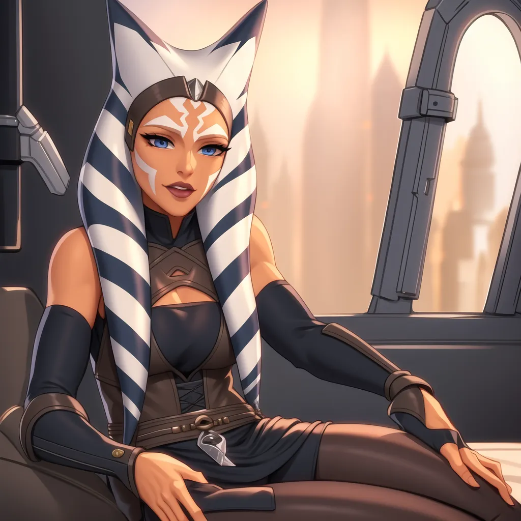 Bu, Star Wars franchise'ından bir karakter olan Ahsoka Tano'nun bir görüntüsüdür. O, montraller (baş kuyrukları) ve lekku (baş tentaküleri) olan bir Togruta türüdür. Klon Savaşları'ndan gelen klasik kıyafetini giyiyor, bu da beyaz ve mavi çizgili bir üst, kahverengi bir etek ve kahverengi botlardan oluşuyor. Ayrıca karakteristik montraller ve lekku'sunu da giyiyor, bunlar mavi ve beyaz. Rahat bir pozda oturuyor, bir eli kalçasında, diğeri dizinde. Kendinden emin bir ifadesi var. Arka plan bulanık bir turuncu, sıcak ve güneşli bir ortamda olduğunu gösteriyor.