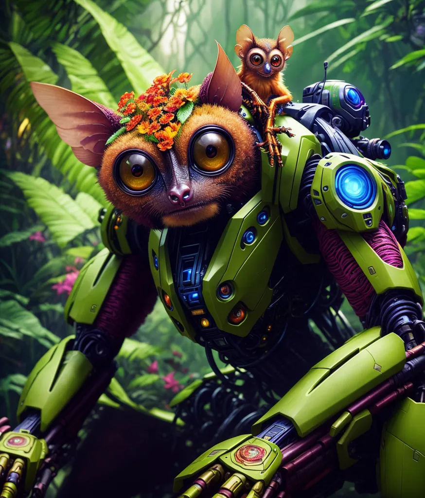 The image is of a steampunk monkey robot hybrid. It is standing in a jungle setting, surrounded by lush vegetation. The robot is green and brown, with large, expressive eyes. It is wearing a flowered hat and has a smaller monkey robot on its shoulder. The smaller monkey is brown and has a flower on its head. The background of the image is a blur of green leaves and flowers.