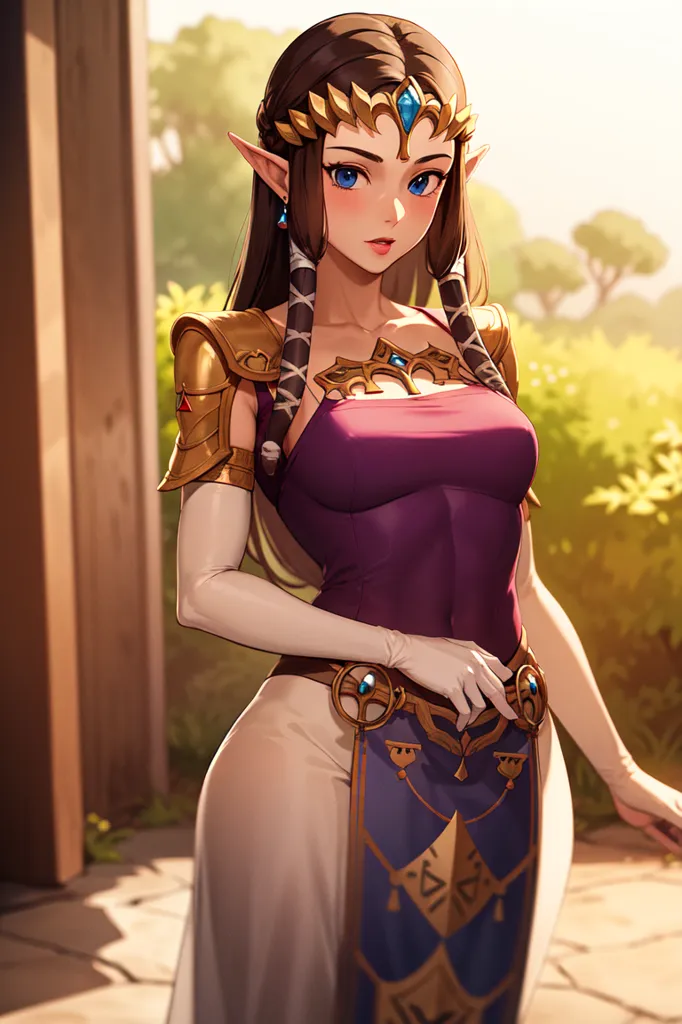 The image is of a young woman with long brown hair and blue eyes. She is wearing a purple dress with a white underskirt and a gold belt. She is also wearing gold earrings and a necklace with a blue gem in the center. She has a confident expression on her face and is standing with her hands on her hips. There are trees and a stone structure in the background.