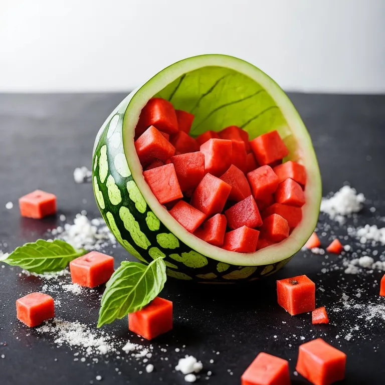 The image shows a watermelon cut in half, with the top half sitting on the bottom half like a bowl. The top half is filled with perfectly cubed watermelon pieces. The bottom half has a design carved into the rind. There is a small pile of loose watermelon cubes next to the melon and a few mint leaves sit on top of the melon. The melon is sitting on a black surface, with a white powder scattered around it.