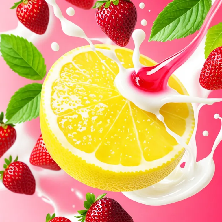 There is a lemon wedge and several strawberries in the picture. The lemon wedge is in the center of the picture and the strawberries are arranged around it. The lemon wedge is being squeezed and a stream of juice is coming out of it. The strawberries are red and ripe. There is a splash of milk in the background. The background is pink.