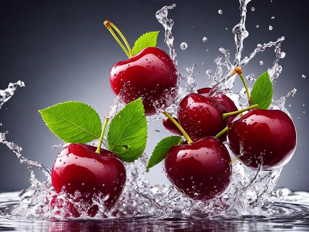 There are six red cherries with green stems and leaves. They appear to have just been dropped into a pool of water, as there are several large splashes of water around them. The cherries are very detailed, and you can even see the small bumps on their surface. The water droplets are also very realistic, and you can see how they are refracting the light. The image is set against a dark background, which makes the cherries and water droplets stand out.