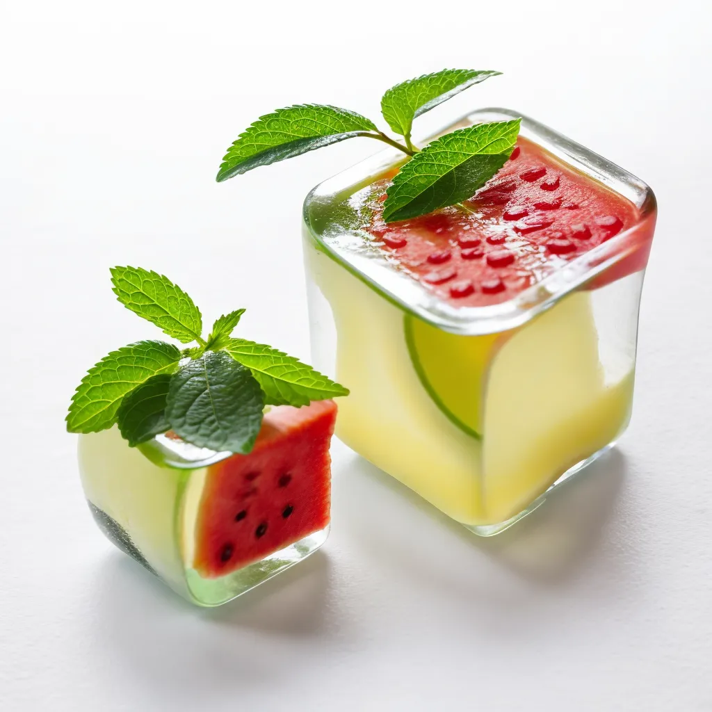 The image shows two clear gelatin cubes with watermelon and mint inside them. The cubes are sitting on a white surface. The larger cube has a slice of watermelon and a sprig of mint on top of it. The smaller cube has a slice of watermelon and a sprig of mint inside of it.