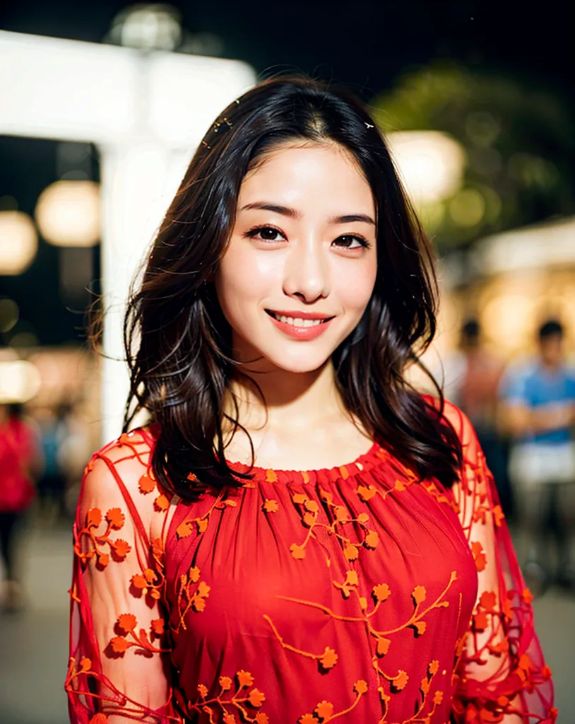 The image shows a young woman with long black hair and brown eyes. She is wearing a red dress with white and orange floral embroidery. The dress has a high neckline and long sleeves. The woman is smiling and looking at the camera. She is standing in a busy street with people walking in the background. There are also some trees and buildings in the background. The image is taken from a slightly elevated angle, which makes the woman appear taller and more imposing. The woman's expression is one of happiness and confidence. She seems to be enjoying herself and is comfortable in her surroundings. The image is well-lit and the colors are vibrant. The overall effect of the image is one of beauty and happiness.