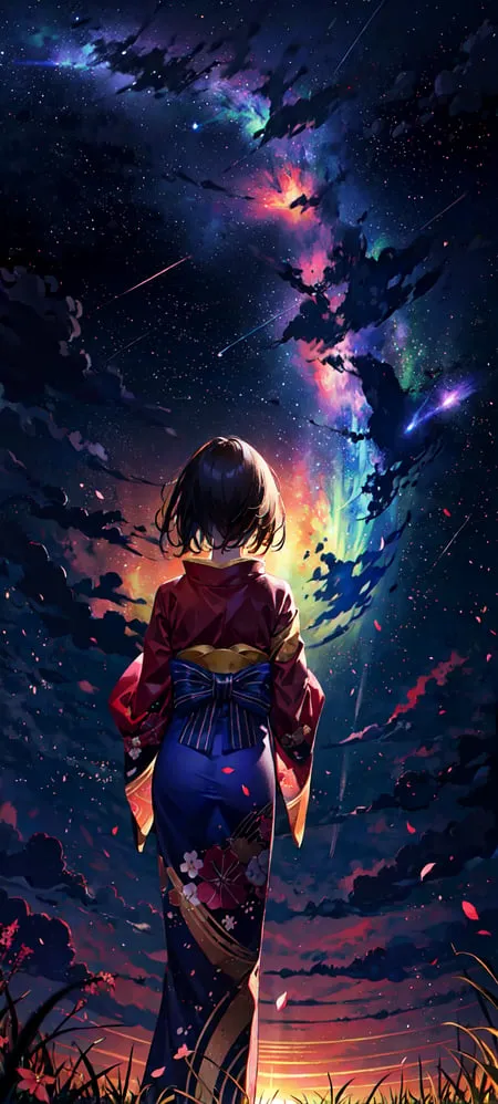 The image is of a girl in a red kimono standing in a field of flowers, looking up at a night sky filled with stars and a rainbow of shooting stars. The girl has brown hair and is wearing a red kimono with a white obi. She is standing in a field of flowers, with long grass near her feet. The night sky is dark blue, and there are many stars in the sky. A rainbow of shooting stars is falling from the sky. The image is beautiful and peaceful.