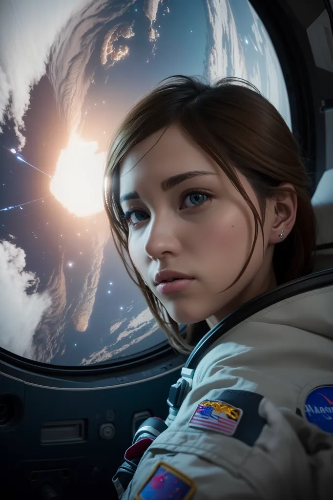 Ceci est une image d'une jeune fille en combinaison spatiale regardant par la fenêtre d'un vaisseau spatial. Elle a les cheveux bruns et les yeux bleus, et elle porte une combinaison blanche avec un écusson de la NASA sur l'épaule. Elle regarde par la fenêtre une planète, qui est principalement recouverte de nuages. Il y a une lumière vive qui provient de la planète, qui est probablement le soleil. L'expression de la fille est celle de l'émerveillement et de l'admiration. Elle est clairement émerveillée par la beauté de la planète qu'elle voit.