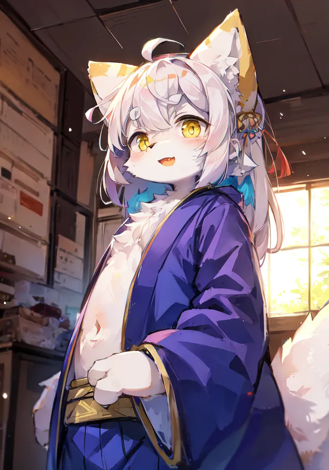 The image is of a young kitsune in a kimono. The kitsune is sitting on a tatami mat in a traditional Japanese house. The kitsune has white and light brown hair and yellow eyes. The kitsune is wearing a purple kimono with a white obi. The kitsune is smiling and has a happy expression on its face. The background of the image is a traditional Japanese house with wooden walls and floors. There is a window in the background of the image and a stack of boxes.