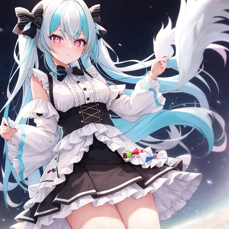 La imagen es de una chica de anime con el cabello largo blanco y azul. Lleva un vestido blanco y negro con un corsé. Tiene un lazo blanco en el cabello y un collar negro alrededor del cuello. También lleva guantes blancos. Está de pie frente a un fondo azul oscuro con un cielo estrellado. Tiene una sonrisa suave en su rostro y los ojos cerrados.