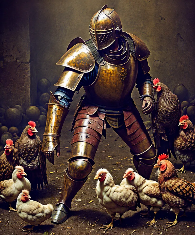 The image shows a knight in full armor standing in a dark room. The knight is holding a chicken in one hand and is surrounded by chickens. The chickens are looking at the knight with a mixture of fear and curiosity. The knight is looking down at the chickens with a stern expression. The image is bathed in a warm light, which highlights the details of the knight's armor and the chickens' feathers.