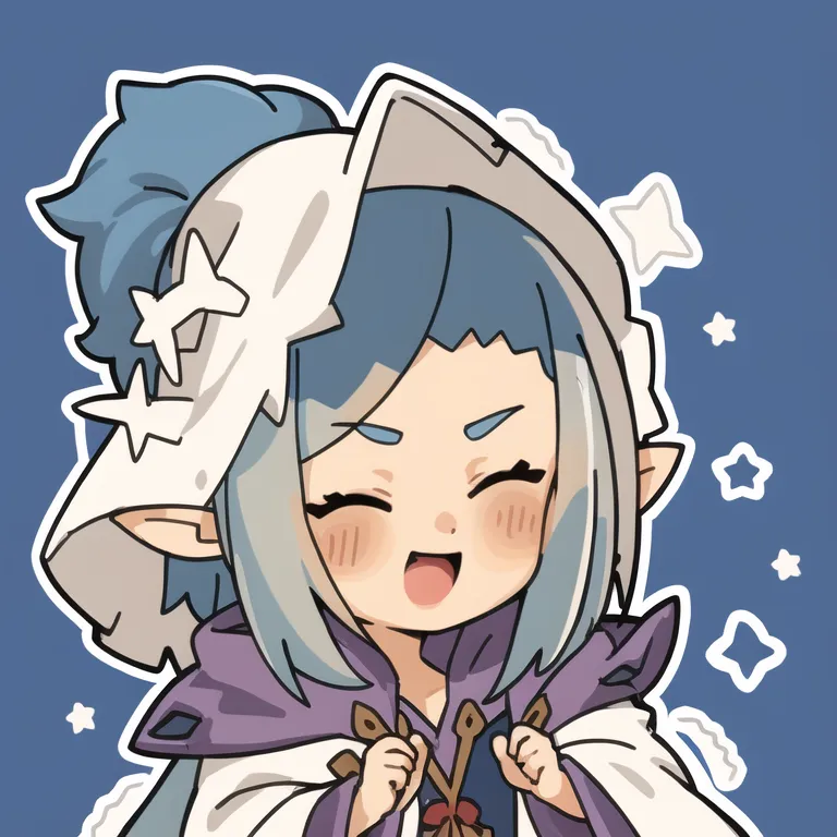 This is an image of a young boy with blue hair and pointy ears. He is wearing a white and purple hat with a star on it. He is also wearing a white shirt and a purple cape. He has a happy expression on his face and he is surrounded by stars.