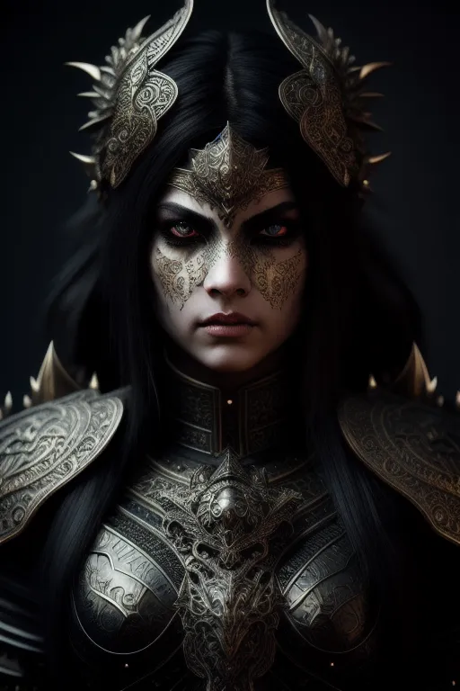 This is an image of a woman, likely a warrior or some other type of fighter. She is wearing a suit of black armor, with silver and gold accents. The armor is very ornate, with intricate designs and flourishes. The woman's face is partially obscured by her helmet, but her eyes are visible. They are a deep red color, and they seem to be glowing. The woman's hair is long and black, and it is pulled back into a ponytail. She is also wearing a crown, which is made of the same material as the armor. The woman's expression is one of determination and ferocity. She looks like she is ready to fight, and she is not afraid of anything.