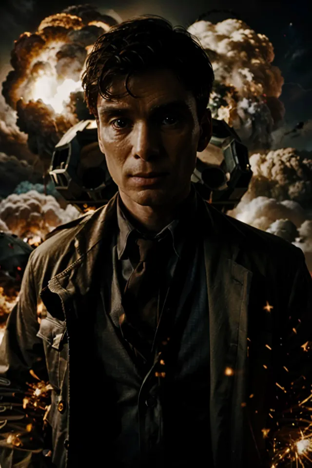 The image shows a man standing in front of a war scene. He is wearing a military-style coat and tie. He has a serious expression on his face. The background is dark and there are explosions happening all around him.