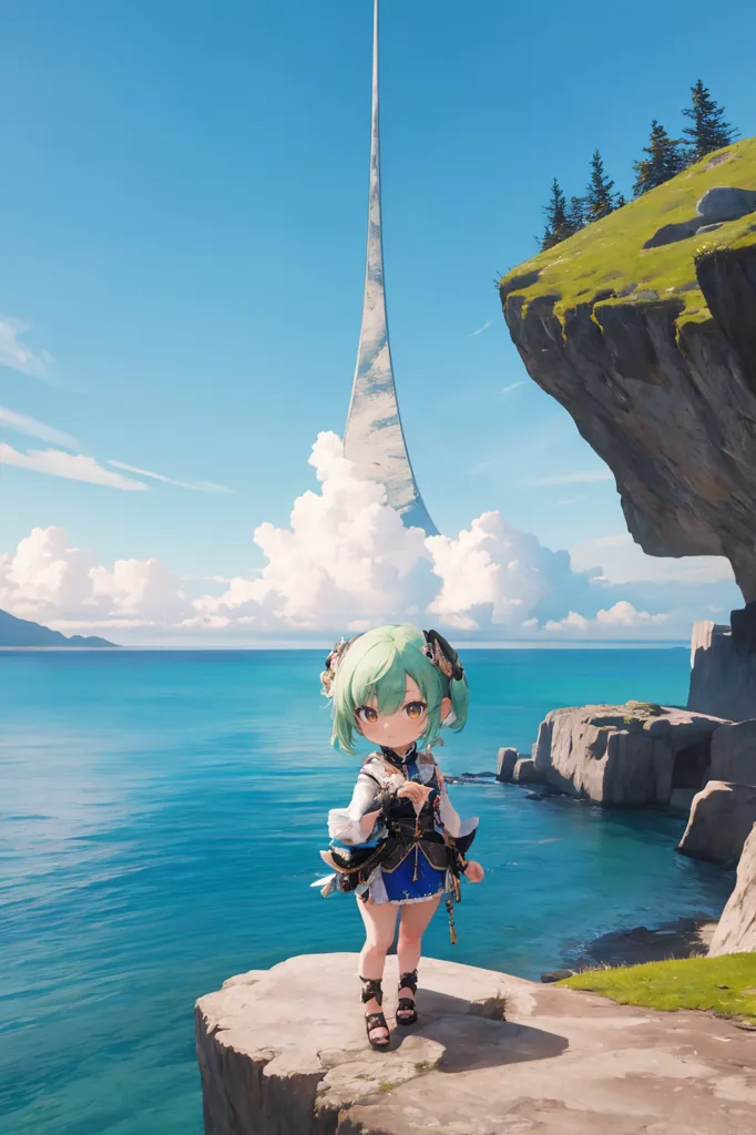 An anime-style girl with green hair and blue eyes is standing on a cliff overlooking the ocean. She is wearing a white and blue outfit. In the background, there is a large, glowing structure rising out of the water. The sky is blue and cloudy.