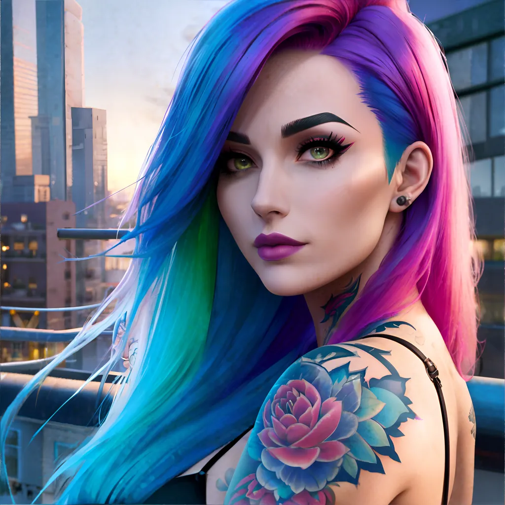 The image shows a young woman, probably in her early 20s, with an urban background. She has bright, multi-colored hair, green eyes, and a tattoo on her shoulder. She is wearing a black top and has a confident expression on her face.