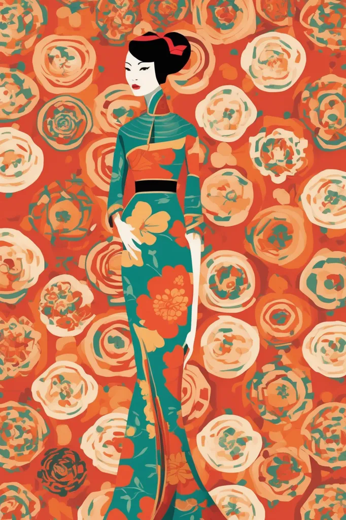 The image is of a woman wearing a cheongsam. The cheongsam is a traditional Chinese dress that is typically worn by women. It is a one-piece dress that is fitted to the body and has a high collar. The cheongsam is often made of silk or other luxurious fabrics and is often decorated with intricate designs. The woman in the image is wearing a cheongsam that is made of a green fabric with a floral pattern and has a red collar. Her hair is pulled back in a bun and she is wearing red lipstick. The background of the image is a red floral pattern.