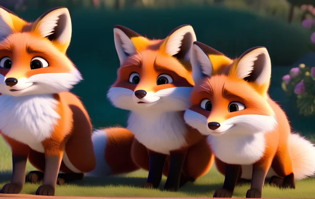 The image shows three cartoon foxes sitting on a wooden fence in front of a meadow. The foxes are all different sizes, with the smallest one on the right and the largest one on the left. They all have big, fluffy tails and pointed ears. The foxes are looking at something off-camera with curious expressions on their faces.