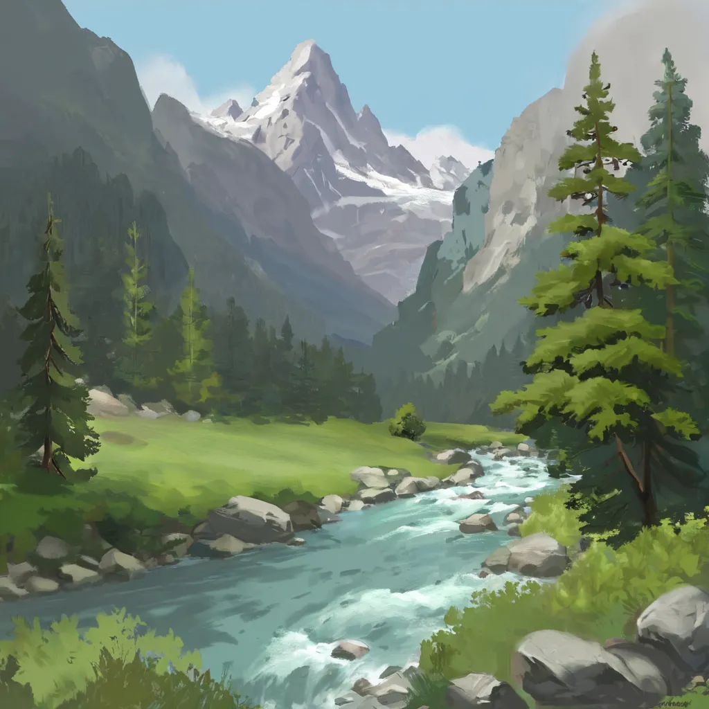 The image is of a mountain valley. There is a river in the foreground, and a mountain in the background. The mountain is covered in snow. The river is flowing through a forest. The trees are green. The sky is blue. There are some bushes on the banks of the river. There is a large rock in the middle of the river.