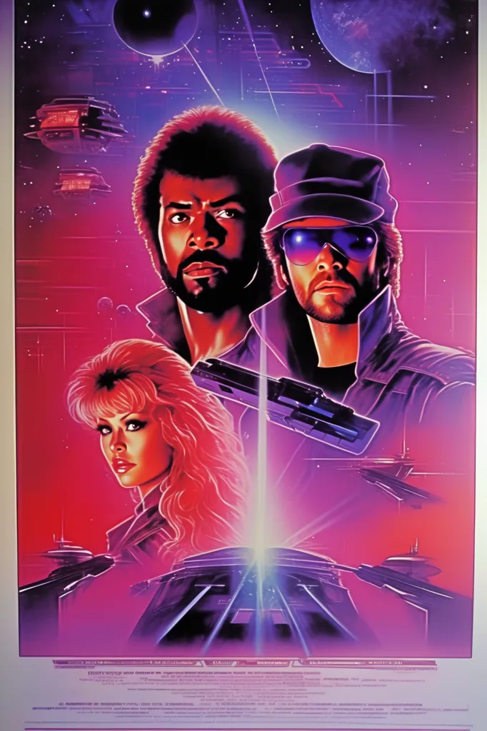 The image is a poster for the 1984 science fiction film "The Last Starfighter". The poster features three characters from the film: Alex Rogan (Lance Guest), Grig (Robert Preston), and Maggie Gordon (Catherine Mary Stewart). The characters are standing in front of a spaceship. The background is a space scene with stars and planets. The poster is in a retro style, reminiscent of the 1980s.