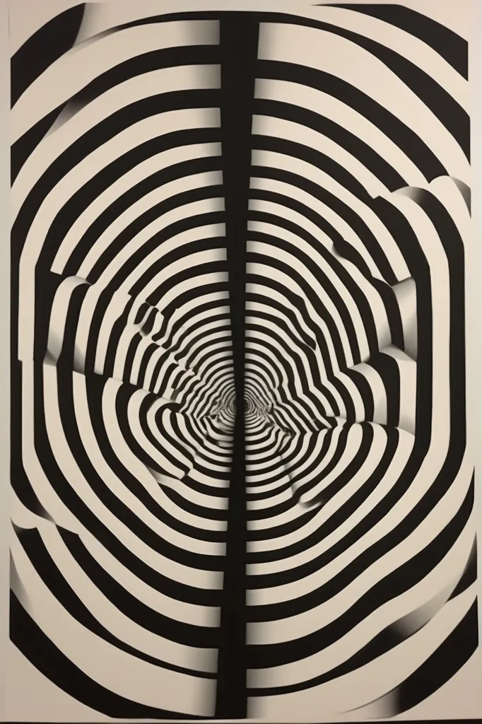 The image is a black and white optical illusion. It appears to be two faces that are distorted and blended together. The faces are surrounded by a series of concentric circles that appear to be spinning. The overall effect is dizzying and disorienting.