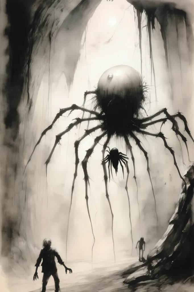 The image is in black and white. It shows a giant spider in a cave. The spider has a large, round body and long, spindly legs. It is standing over two small human figures. The humans are both scared and look like they are about to run away. The cave is dark and gloomy, and the only light comes from a small hole in the ceiling.